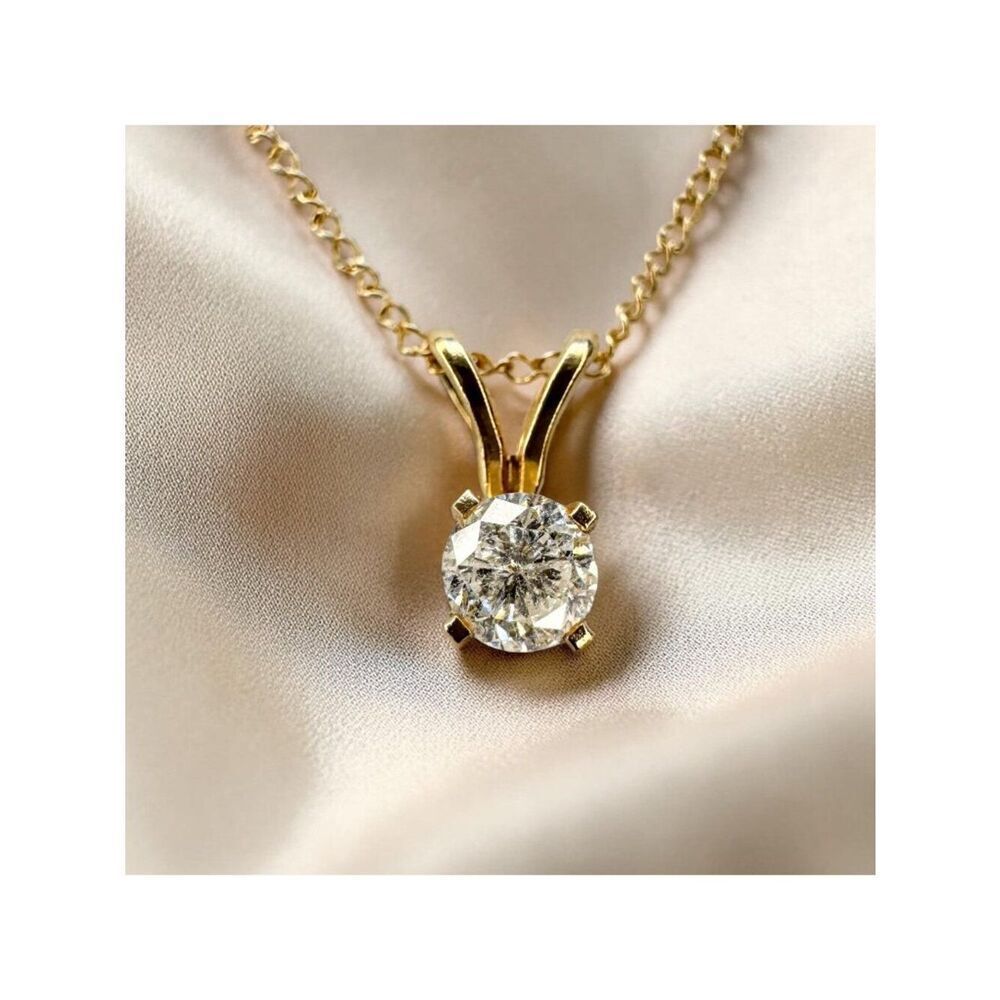 Estate- 14K Gold Natural Diamond Necklace 1/3CT Round Cut Solitaire -16" Dainty